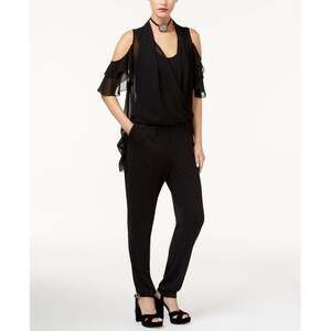 KOBI Women Cold Shoulder Wrap Front Chiffon Ruffles Jumpsuit Sz M Black 80-6